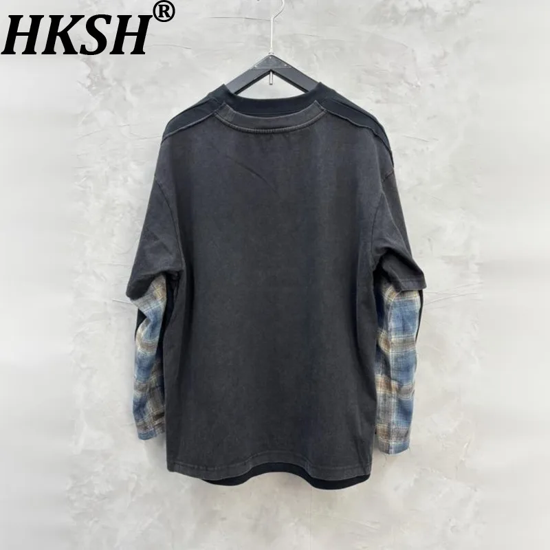 HKSH Design Distressed Color-Blocked Long-Sleeve T-shirt Trendy Casual Tops Autumn Winter New Men Tide Chic Ins Y2K Tees HK28119