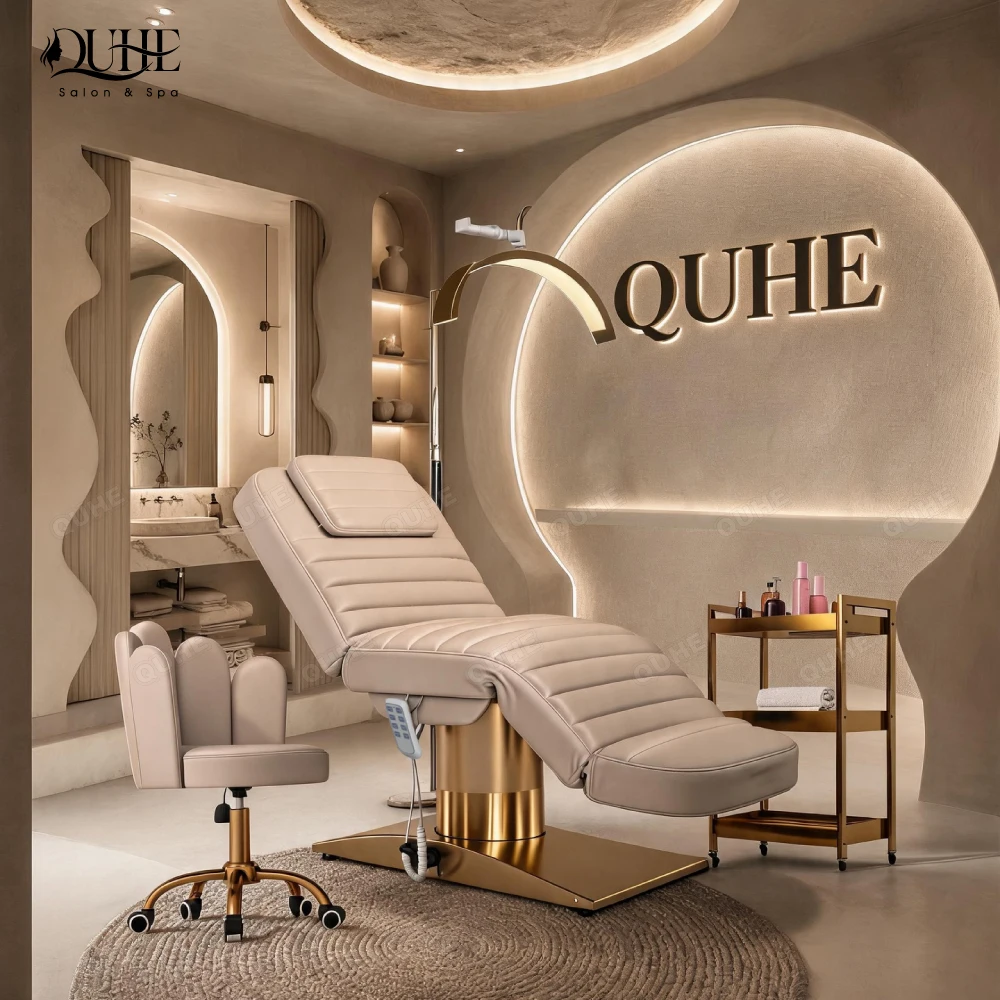 QUHE Beauty Salon Massage Table Electric Curved Treatment Heating Facial Lash Beauty Bed Base Electric Beauty Bed