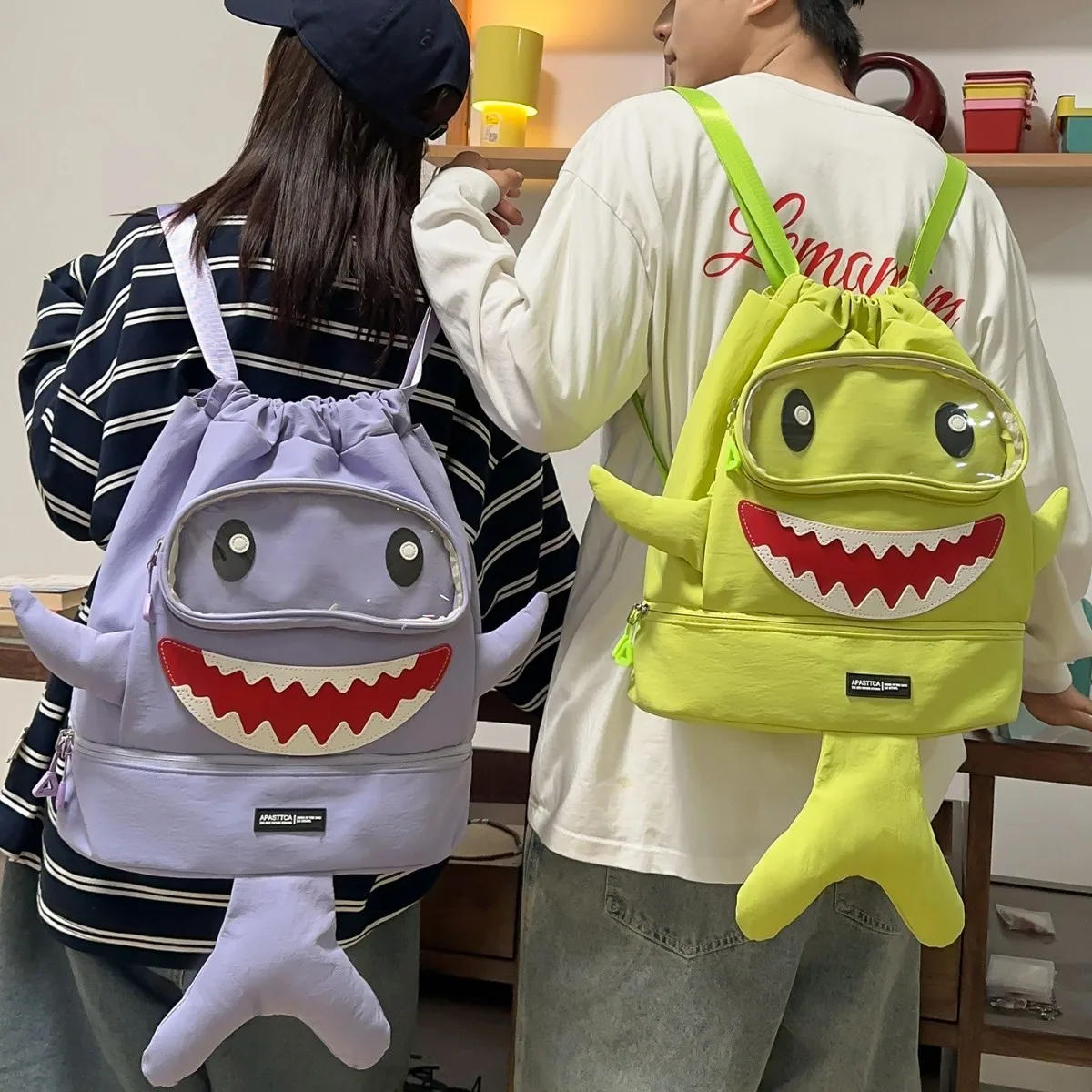 Harajuku Funny Shark Ita Bag, Transparent Front Pocket Drawstring Backpack Nylon School Bag Anime Badge Collection Backpack