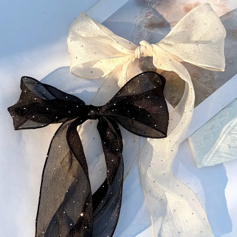 Mädchen Haarschleifen-Clips Glänzende Süße Chiffon Hochzeits-Haarschmuck Schleifenknoten Lange Haarspangen Schleifen-Haarklammer Pferdeschwanz-Clip