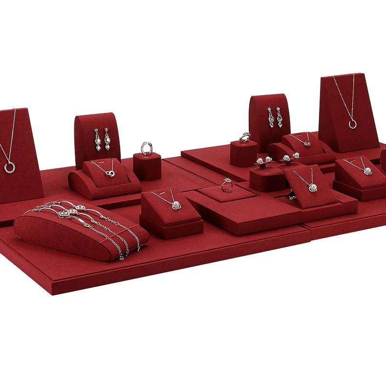 Wine Red Microfiber Jewelry Display Rack Ring Necklace Storage Organizer Jewelry Counter Display Props Earring Bracelet Holder