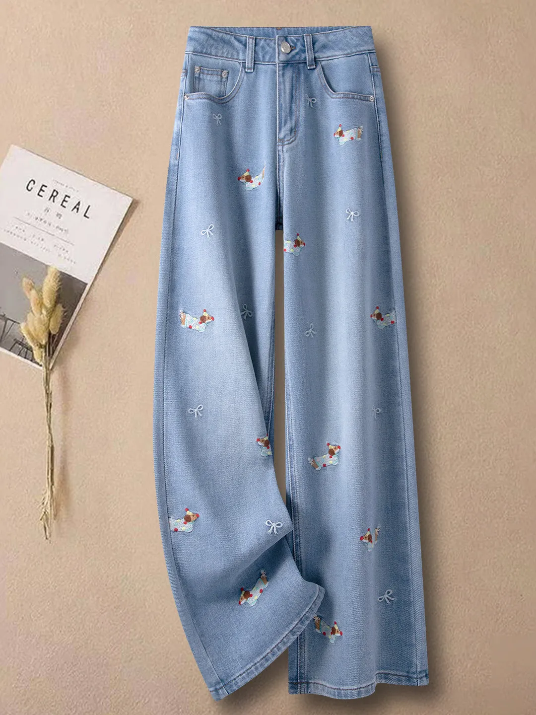 

Light Blue Embroidered Straight Leg Jeans Women's High Waist Slimming Wide Leg Pants Comfortable Soft Denim Spring New Style
