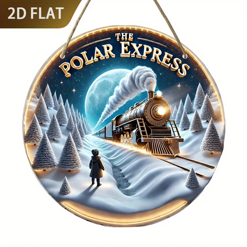 2026 2D Flat, 2D Flat 7.87*7.87inch Retro Polar Express - Round Wooden Sign With Snowy Train, Starry Night & Pine Tree Design