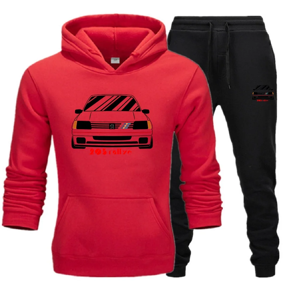 Men 2Pcs Sets Fleece Hoodies And Sweat Pants Set Men\'s Retro Wrc 205 Gti CAR Rallye Racing Jersey Suit Sportswear Ensemble