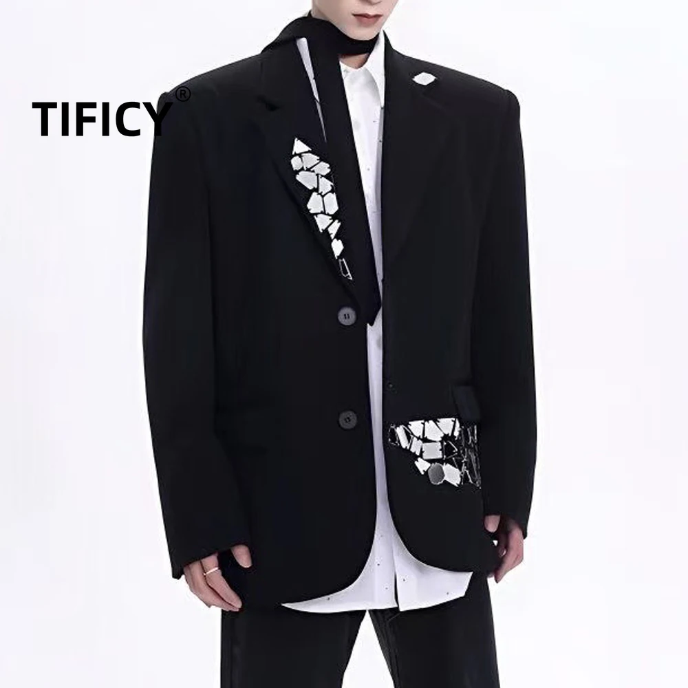 

High Street Blazer Jacket Men's Spring and Autumn Single Breasted Liquid Metal Versatile Loose Casual Suit Black Blazer Mujer