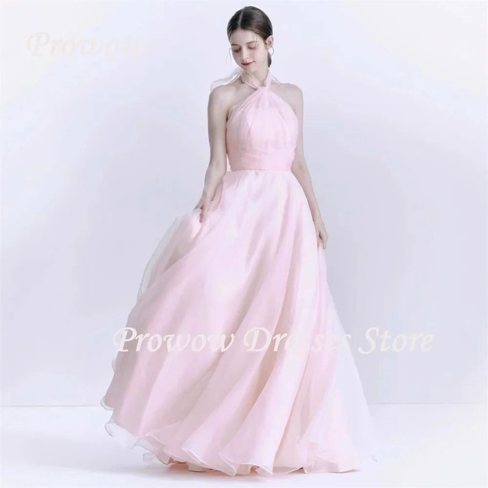 

Prowow Elegant Customized Pink Black Prom Dresses Sleeveless Halter Long Wedding Party Gowns Pleats Women Occation Gowns Corset