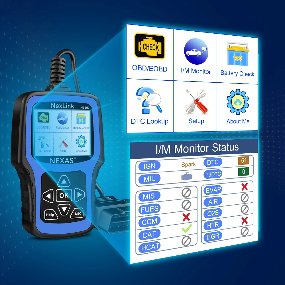 NEXAS NL101 OBD2 Scanner Diagnostic Tool with Battery Test Check Car Engine Light OBDII Function Live Data Stream Free Update