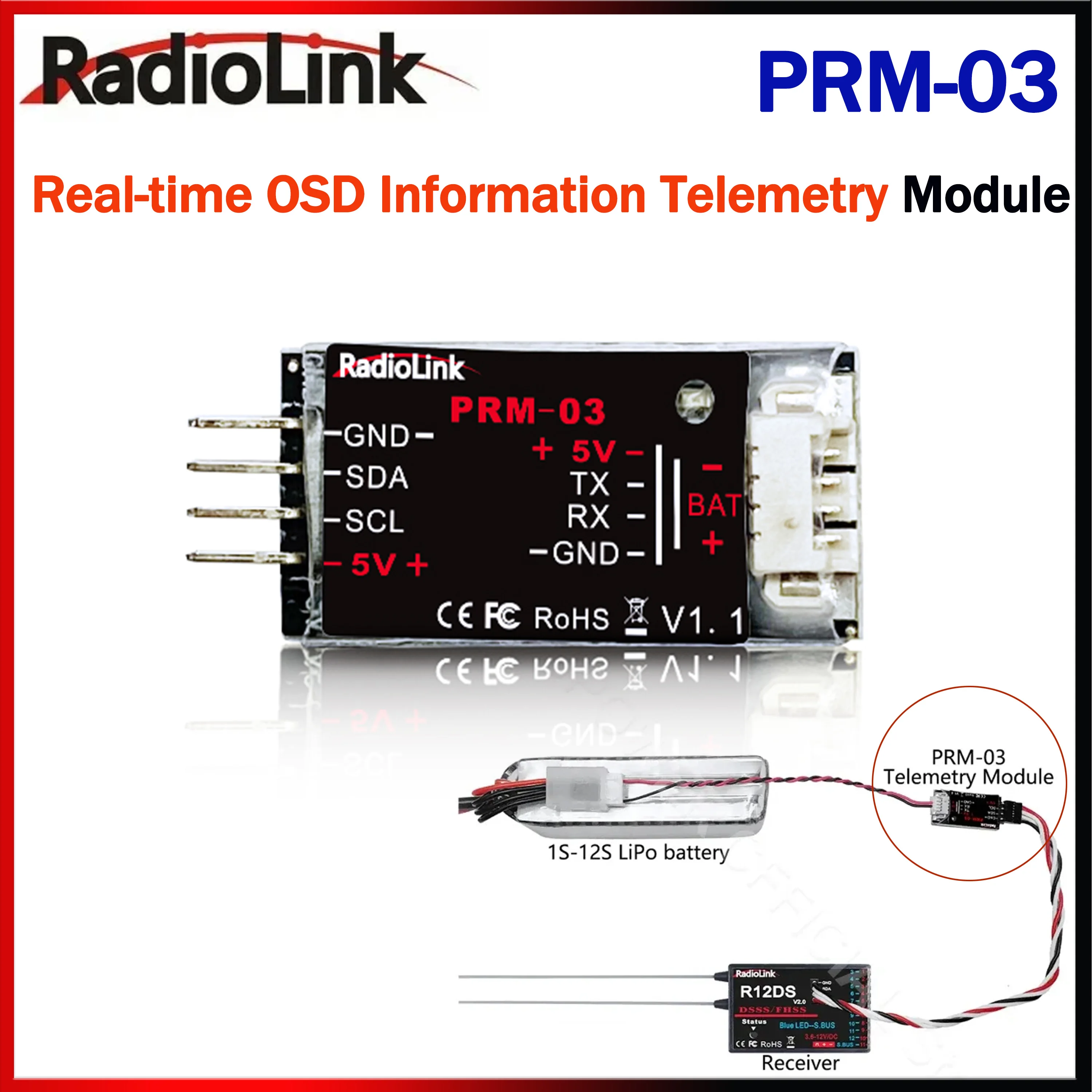 

Radiolink PRM-03 Real-time OSD Telemetry Sensor Return Flight Information Module for AT9 AT9S AT9S Pro AT10 AT10II Transmitter