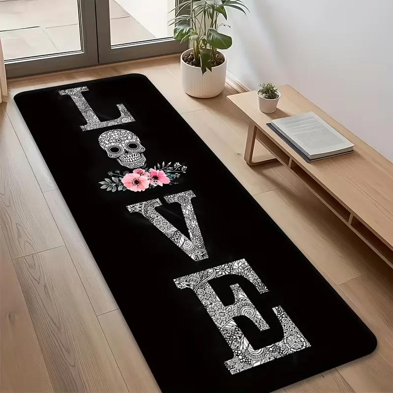 Sugar Skull Floral LOVE Long Runner Rug Gothic Letter Print Non Slip Floor Mat Bedroom Hallway Spooky Romantic Home Decor