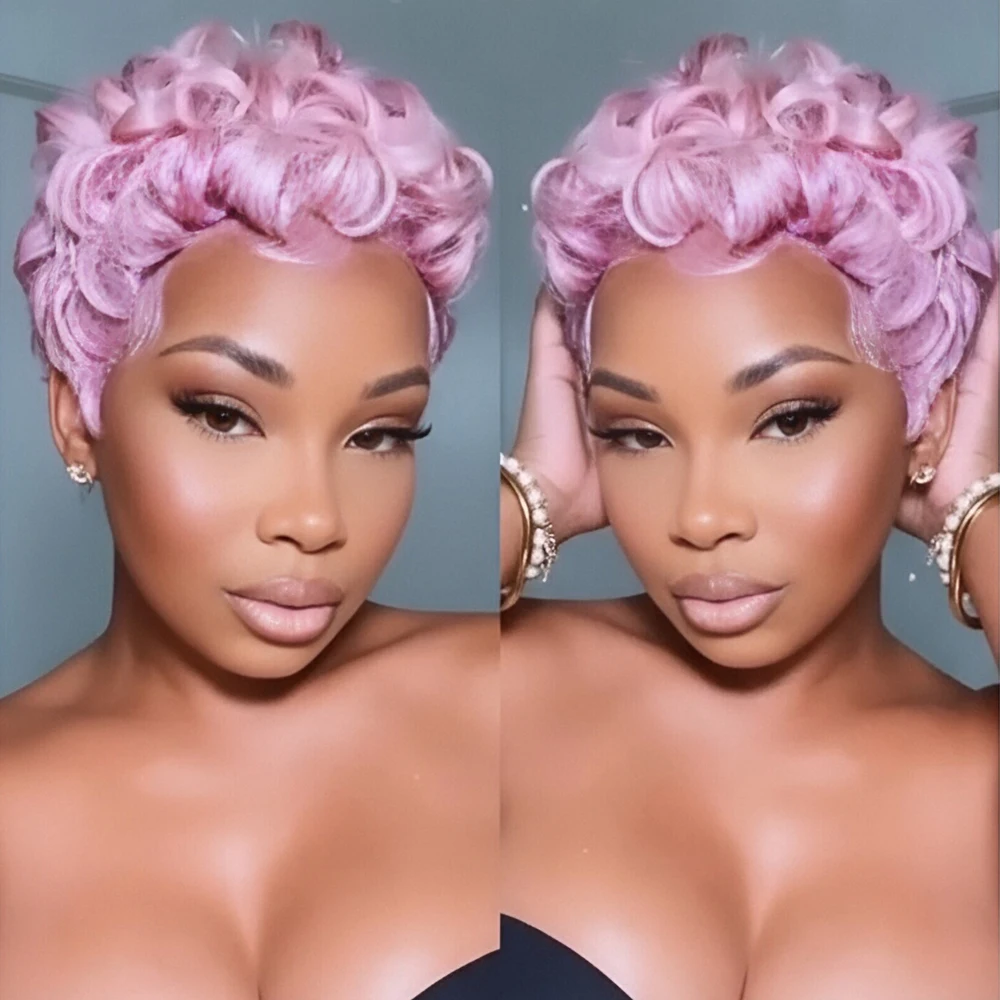 شعر مستعار بشري برازيلي مموج فضفاض، شعر مستعار قصير مجعد بقص عابث مع شعر مستعار بشري قصير مصنوع آليًا بالكامل