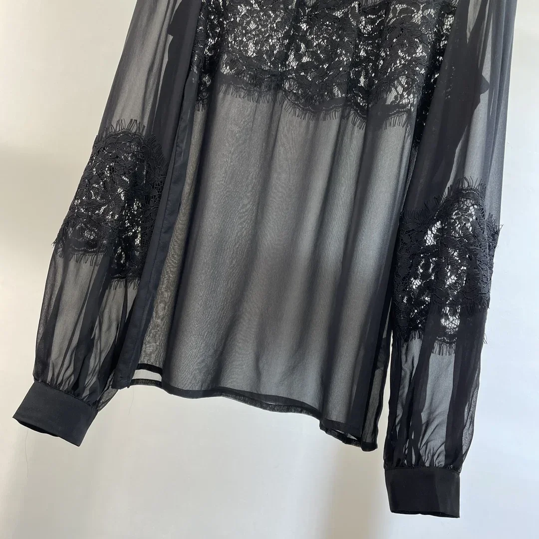 Spring Top End Women 100% Silk Black Lace Patchwork Sheer Blouse Elegant Lady All Match Stand Collar Long Sleeve Tops Shirt