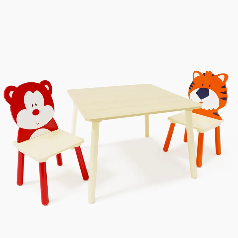 Conjunto de mesa e cadeira infantil, Conjunto de cadeira e mesa para crianças, Mesa de madeira, Urso e Tigre, 3 peças