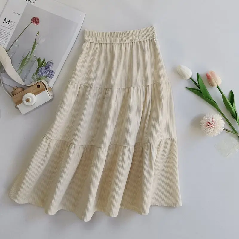 Kids Girls Spring Autumn Skirts Teenage Girls Corduroy Medium Length Skirt Children Casual Pleated Skirts Japanese Korean Style