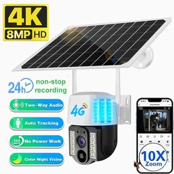 4K 8MP Solar Camera 4G SIM Security Outdoor 10X Zoom PIR Recording Humanoid Tracking Color Night Vision PTZ Camera Two-way Audio