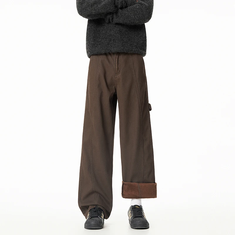 New Autumn and Winter Solid Color Fleece-Lined Thickened Warm Straight-Leg Jeans Men's Casual Loose Sports High-Quality Pants