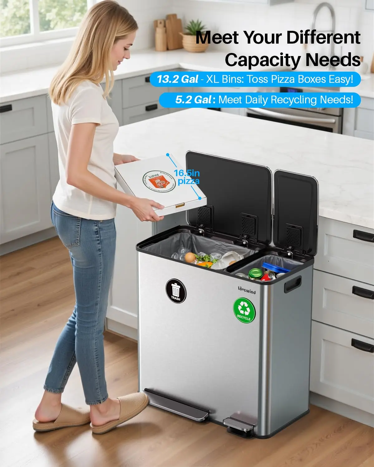 Dual Kitchen Trash Recycle Bin 50L 20L Stainless Steel Soft Close Lid Large Garbage Can