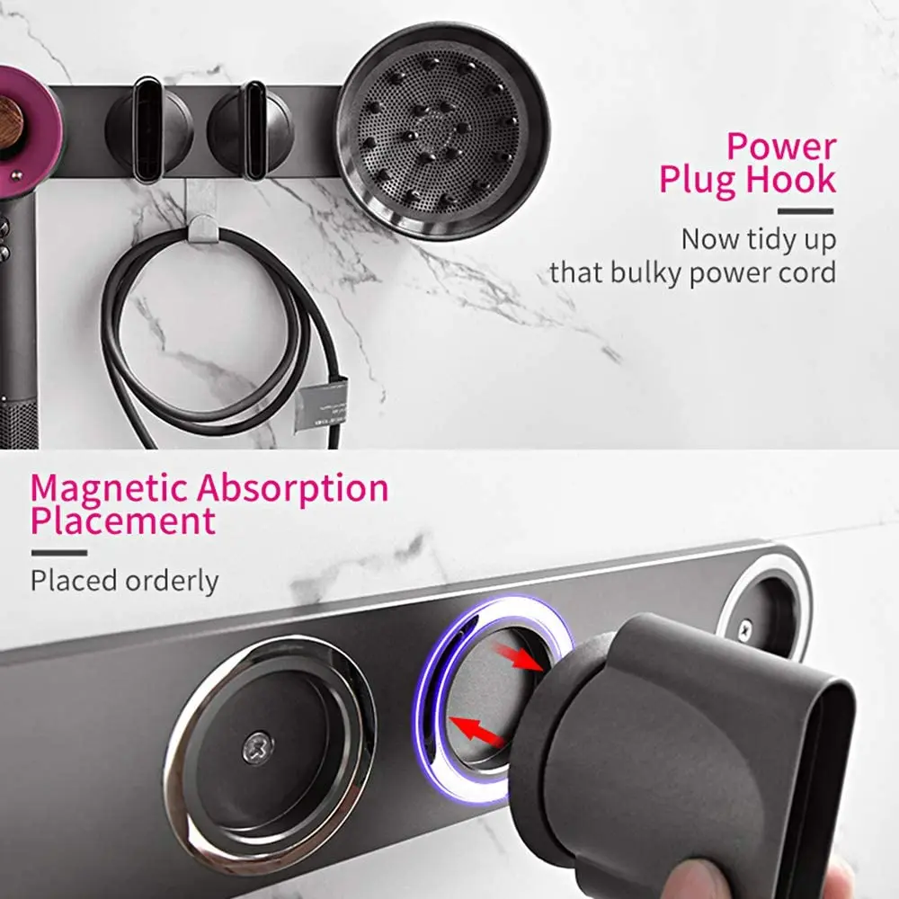 Wall Mount Storage Rack for Dyson Hair Dryer and Nozzle No Punching with Super Glue Stainless Steel Ring Holder Magnet Bracket