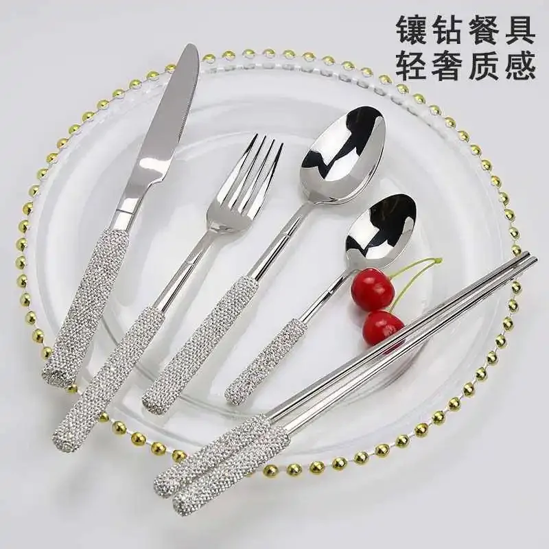Bling Rhinestones Dinnerware Set Stainless Steel Cutlery Western Fork Steak Knife Spoon Chopsticks Tableware Set Flatware Gift