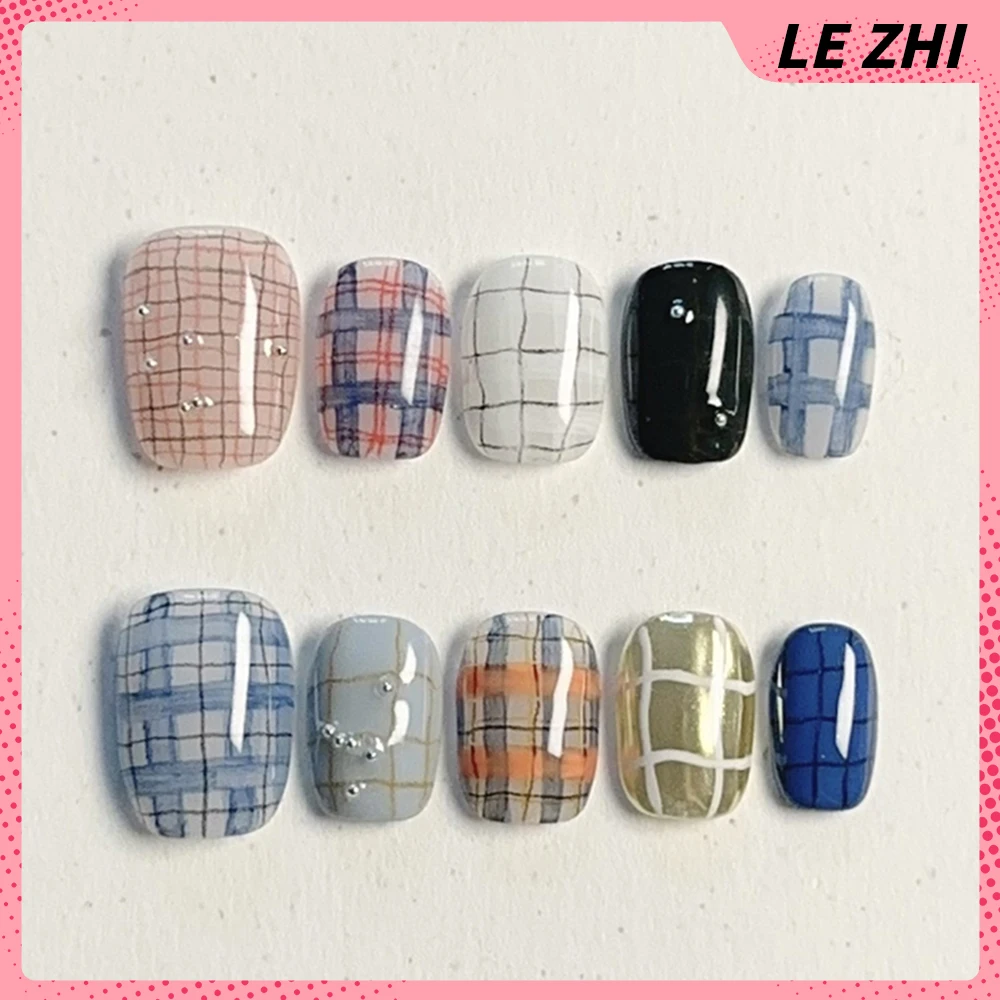 10Pcs Kawaii Handmade Short Square Round Press On Nails Hand-Painted Bowknot Flowers Diamond Pearl Wearable Fake Nails Gift