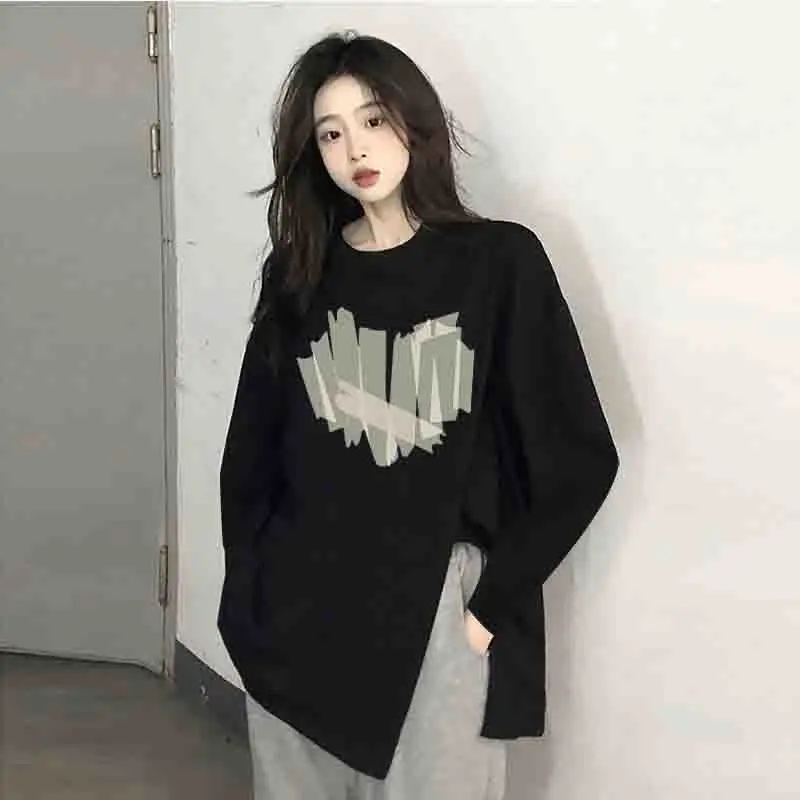 

Cotton Summer Love Print Long Sleeve O Neck Men T Shirts Hip Hop Hem Slit Fork Loose All-match Fashion Oversized Clothing Black