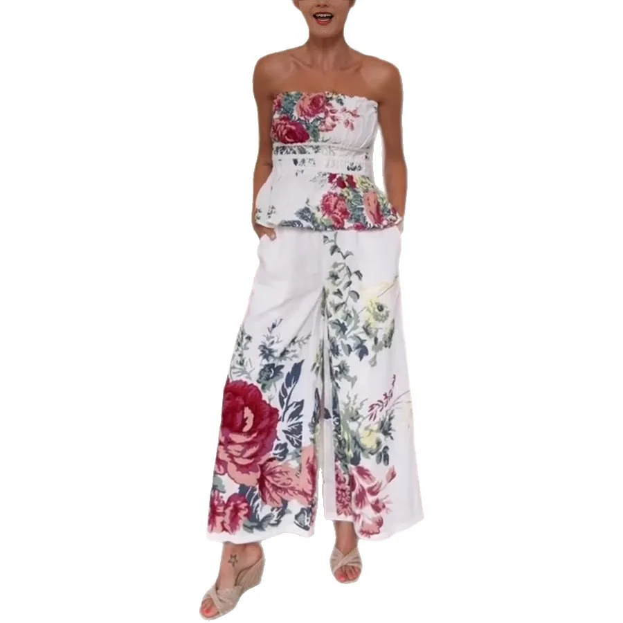 2pcs 의류 세트 봄 여름 새로운 꽃 꽃 인쇄 Strapless 민소매 탑 & 느슨한 넓은 다리 바지
