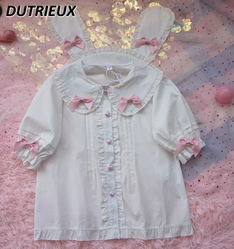 Lolita Sweet Inner Wear Blouse Cute Rabbit Ears Bow Short Sleeve Shirt Student Loose Slimming Flounce Solid Color Womens Tops