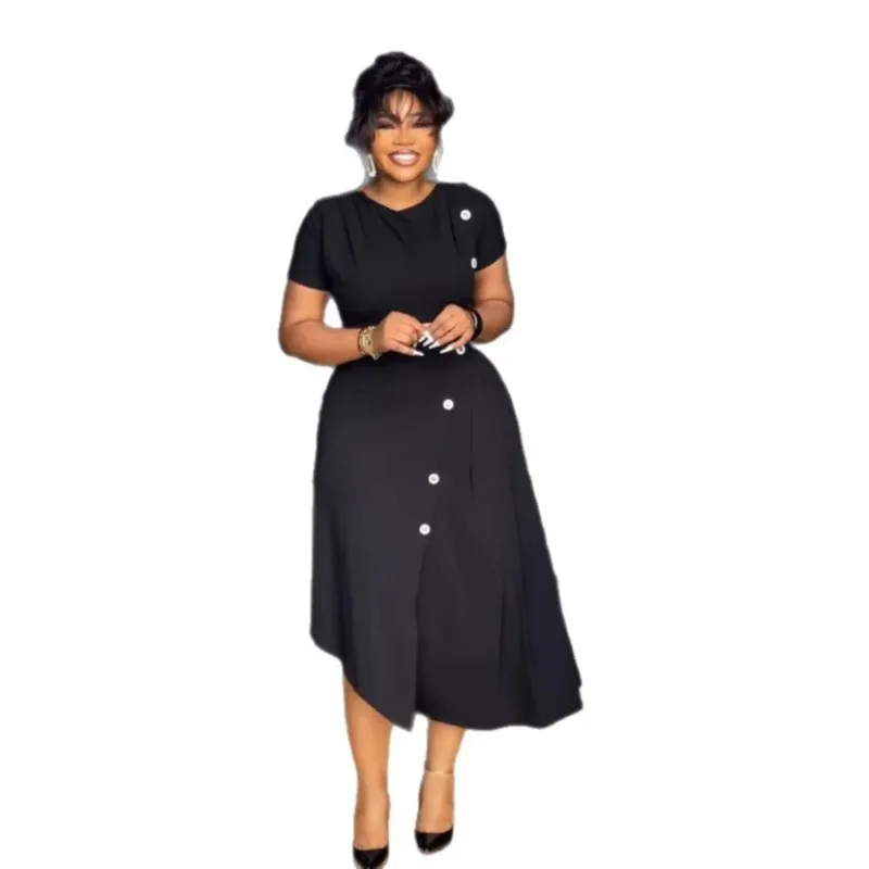 

Plus Size African Dresses for Women S-3XL Summer African Short Sleeve Black V-neck Polyester Midi Dress Outfits African Clothing