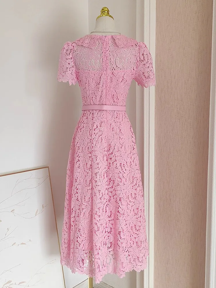 Summer Holiday Flower Embroidery Lace Dress Women Water Soluble Hook V Neck Diamonds Buttons Belt Evening Wedding Party Sundress