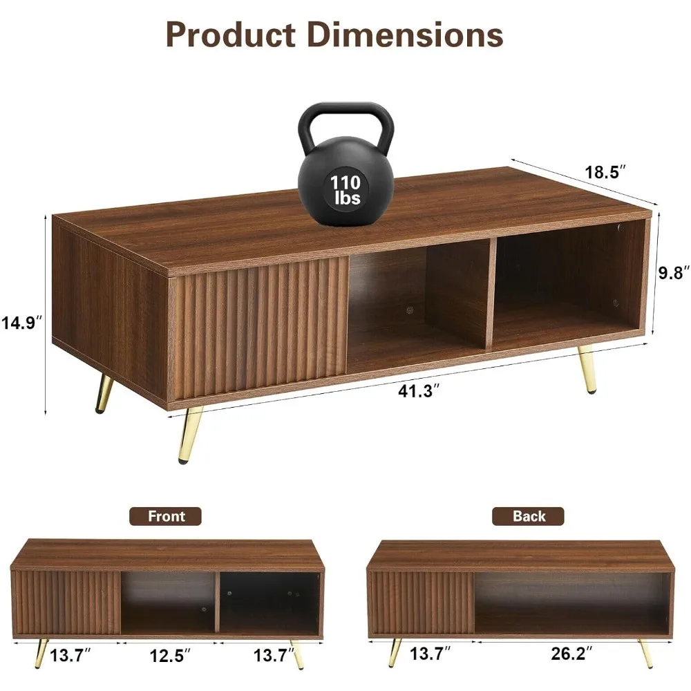 Mesas de centro LED de nogueira de 41,3 polegadas para sala de estar com luzes LED de 16 cores, mesa de centro moderna e minimalista com canelado P