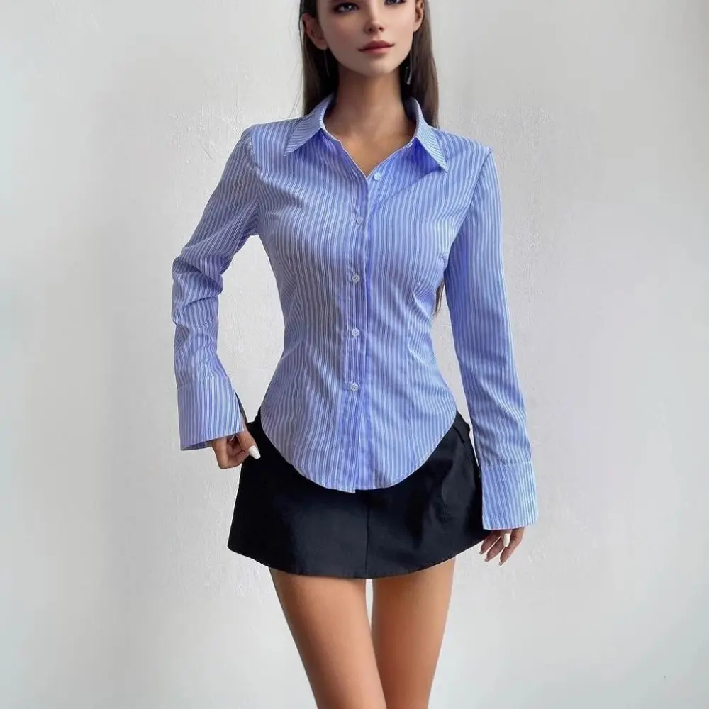 เสื้อเชิ้ตแขนยาวลายทางคลาสสิก คอวี ติดกระดุมแถวเดียว สำหรับผู้หญิง ลายปะติดสไตล์เกาหลี ย้อนยุคเก๋ไก๋