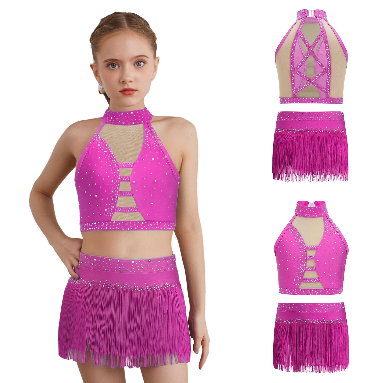 

Kids Girls Latin Figure Skating Dance Costume Samba Tango Dance Performance Sets Sleeveless Rhinestones Vest with Tassel Skirt