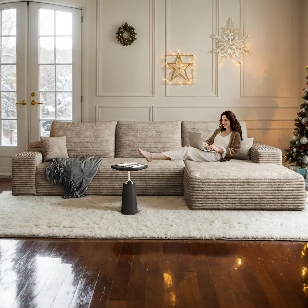 

W Corduroy Sectional Boneless Cloud Couch with Chaise, No Assembly Required, L Shaped Modular Sectional Sofa, Oversized Cozy Fl
