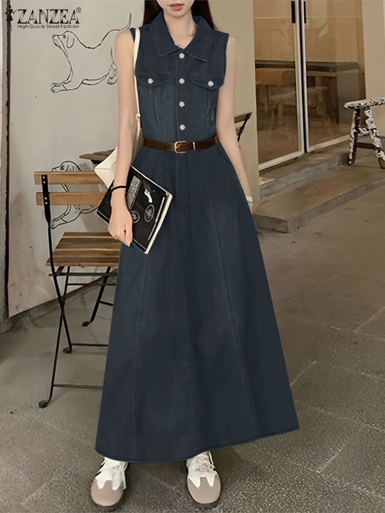 2025 ZANZEA été Denim bleu Robe mode femmes sans manches Robe d'été Maxi longues robes Robe Femme élégant solide robes de travail