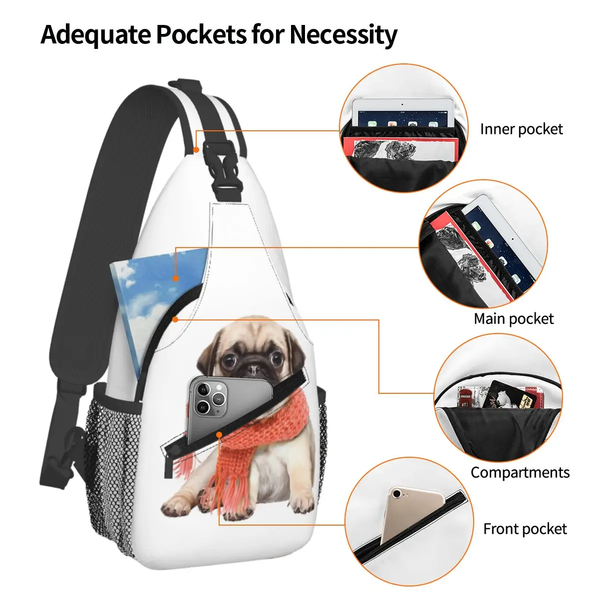 Winter Funny Fawn Pug Funny Dog Lover Chest Bag Men Sling Crossbody Backpack Chest Bag Traveling Hiking Daypack Shoulder Bag