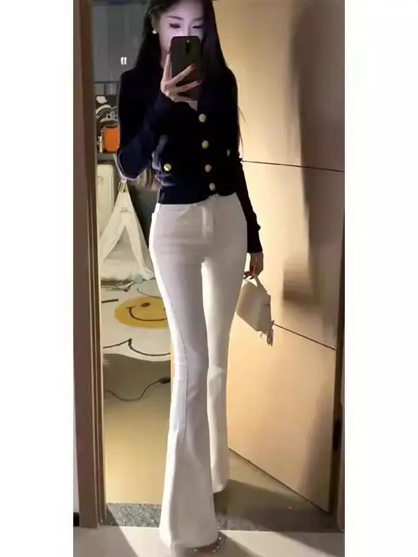 High Waist Slim Fit Bell Bottom Jeans Women's Double Buckle Elastic Butt Lifting Long Pants Vintage Style Casual Wear