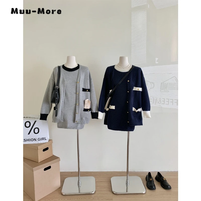 2023 Winter Office Lady 2 Piece Set Women Long Sleeve Single Breasted Cardigans + Camisole Dresses Luxury Two Piece Dress Set