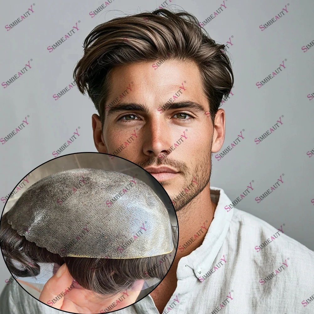 

Прохладный коричневый парик из человеческих волос, прочная основа для кожи, естественная линия волос 1B10 1B40, волнистые волосы, мужской парик, сменный протез для волос