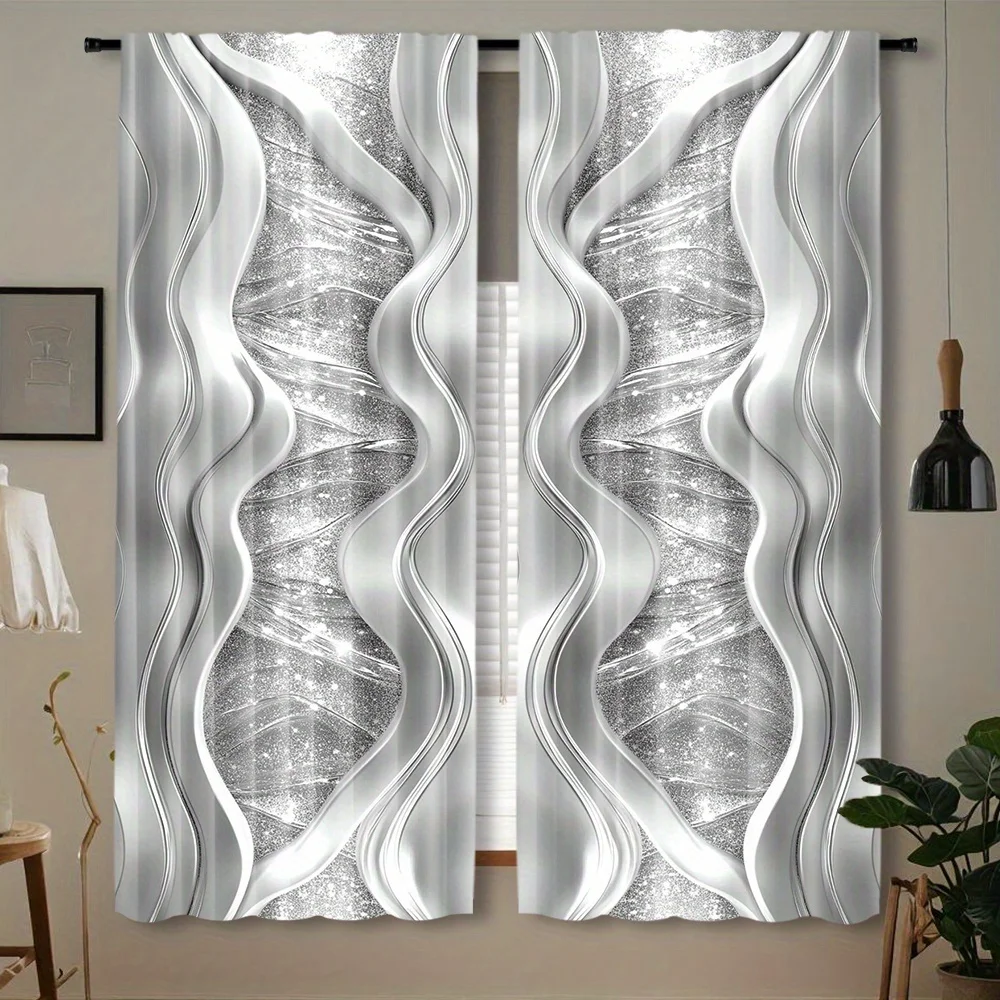 Metallic Silver Wave Window Curtains 2 Panels, 3D Stereo Curve Glitter Silver Shiny Minimalist Art Print for Luxury Room Curtain