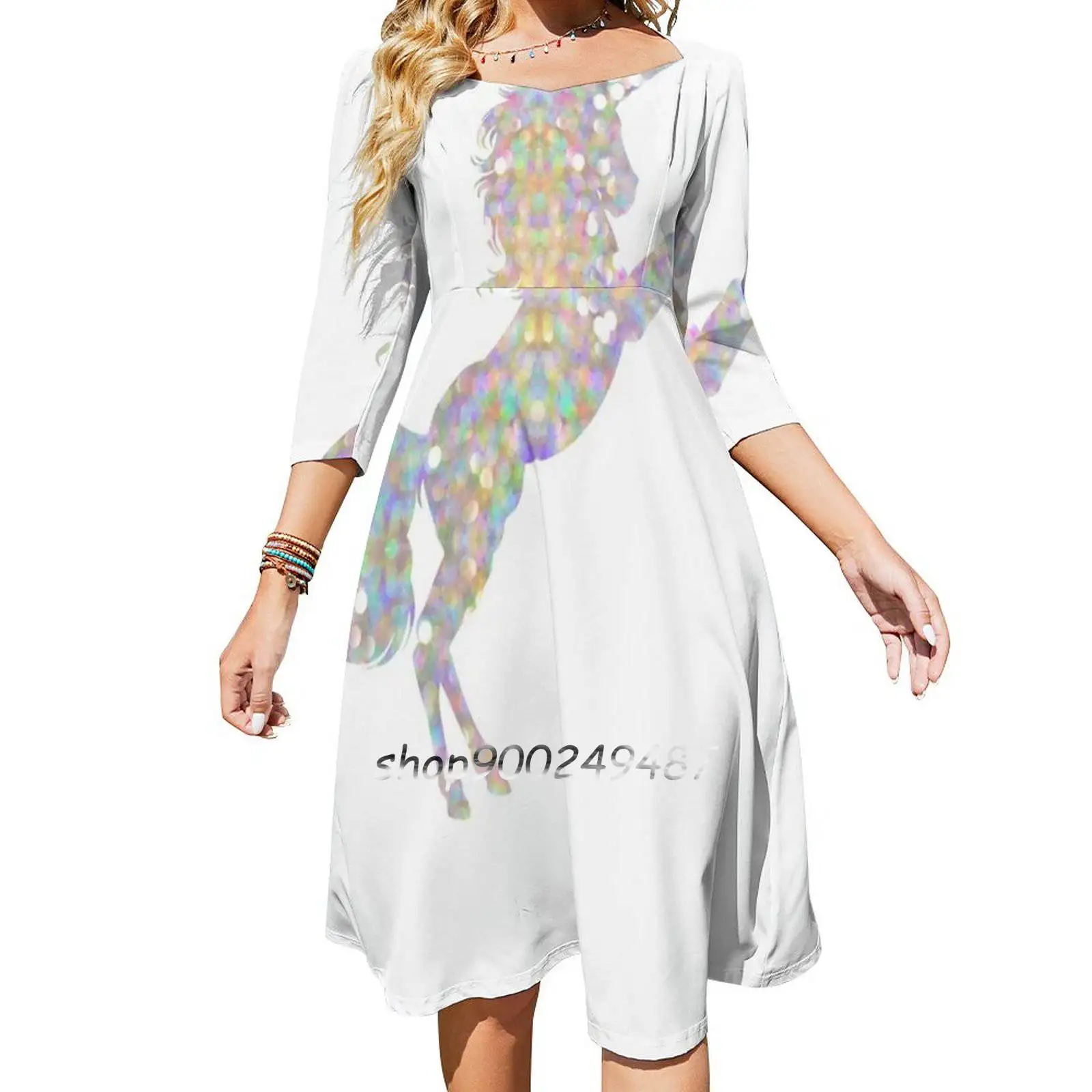 Iridescent Unicorn Square Neck Dress Cute Loose Print Dresses Elegant Beach Party Dress Unicorn Iridescent Tumblr Holographic