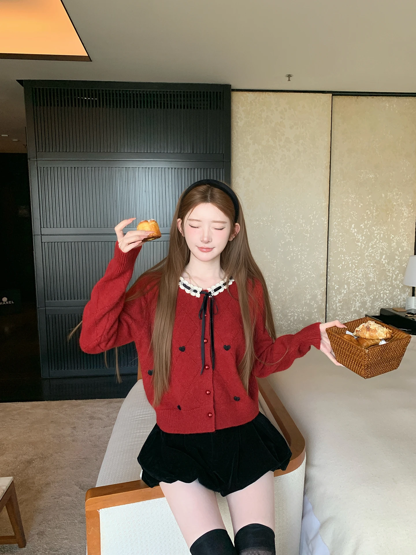 

Cisas Red Thiened вязаный свитер женская осенне-зимняя верхняя одежда Miu Sle Faionable для поездок на работу свободный крой круглый Ne