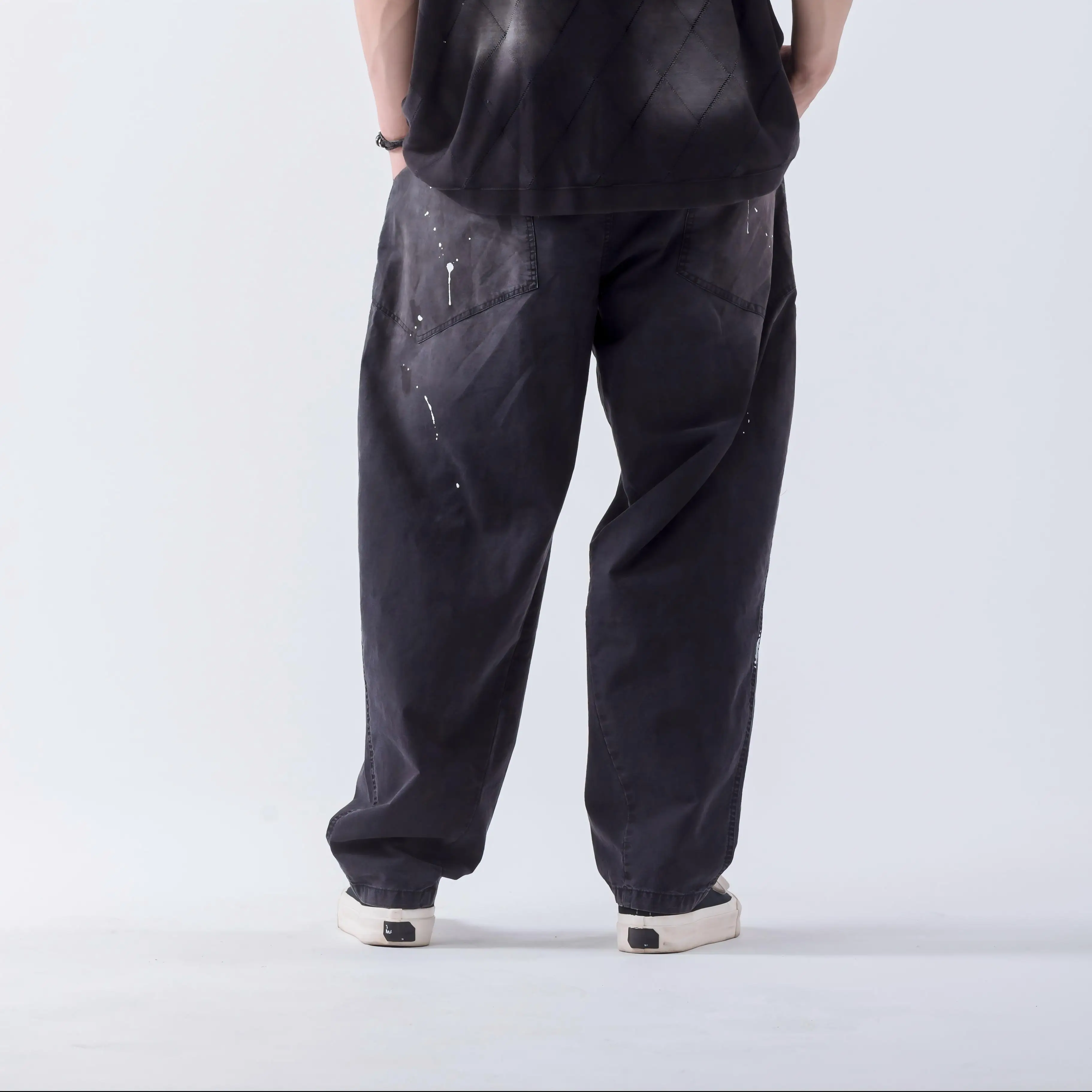 100% Cotton Vintage Elastic Waist Distressed Splatter-paint Retro Long Pants Casual Curved Machete Pants Wide Leg Work Pants