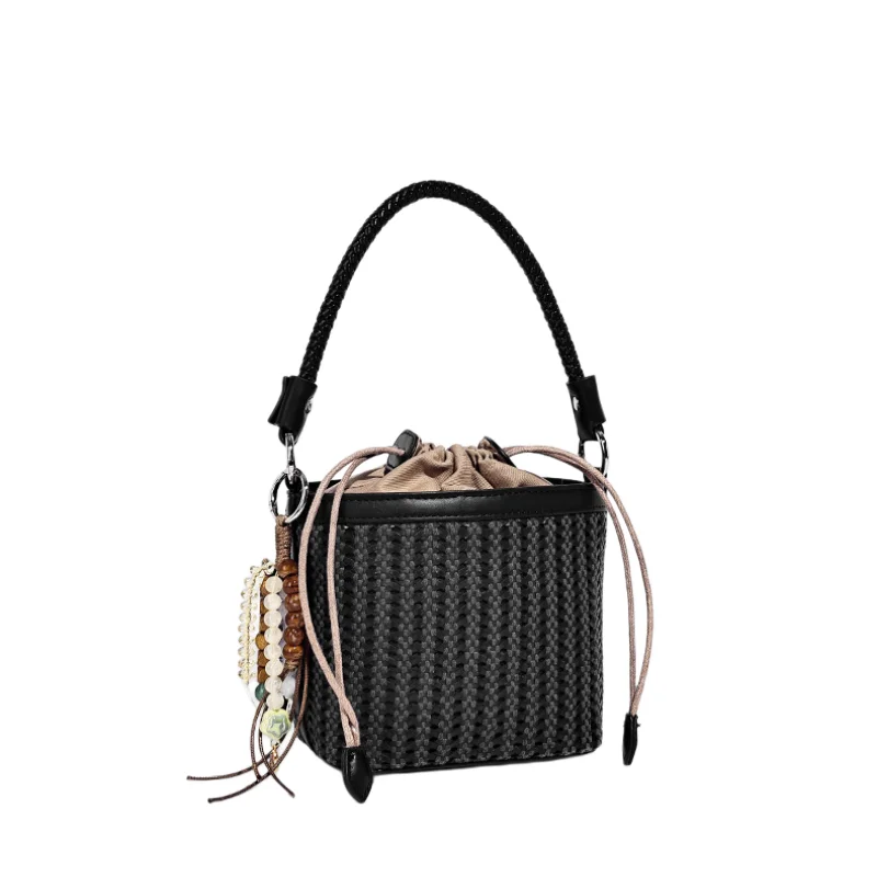

Vintage Cowhide Woven Bucket Bag Mini Shoulder Bag Drawstring Closure Canvas Inner Bag Daily Work Commuting Bag