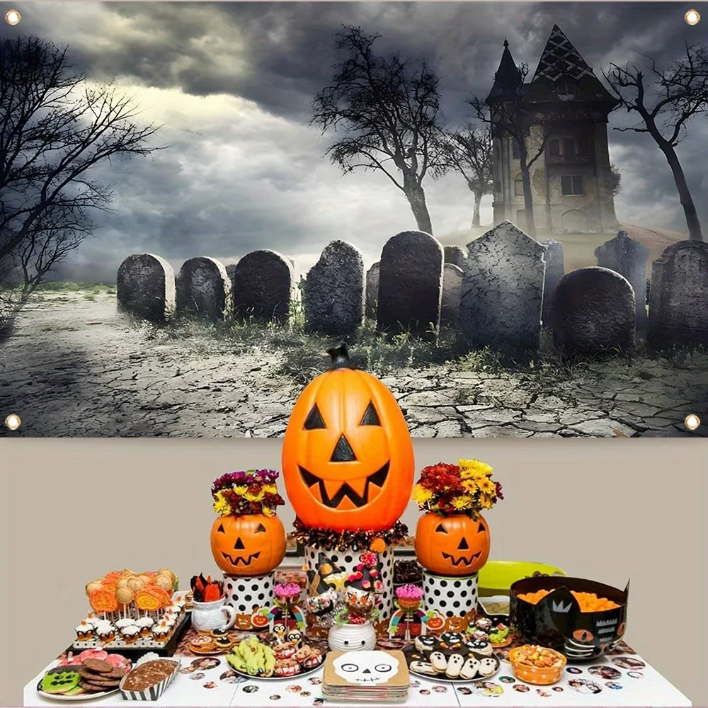 Halloween decoration banner, strange stone cemetery castle photography background, Halloween happy photo booth supplies