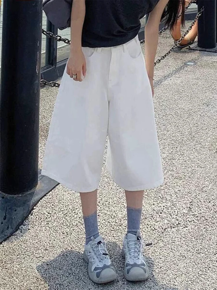 White Wide Leg Seven-Foot Denim Shorts Women Summer American Retro High Waist Loose Slimming Large Size Straight Tube Mid-Pants