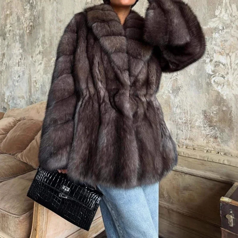 Tornova, abrigo de piel sintética con manga acampanada degradada de lujo, solapa para mujer, abrigo de piel sintética holgado y cálido, chaqueta de calle alta de invierno