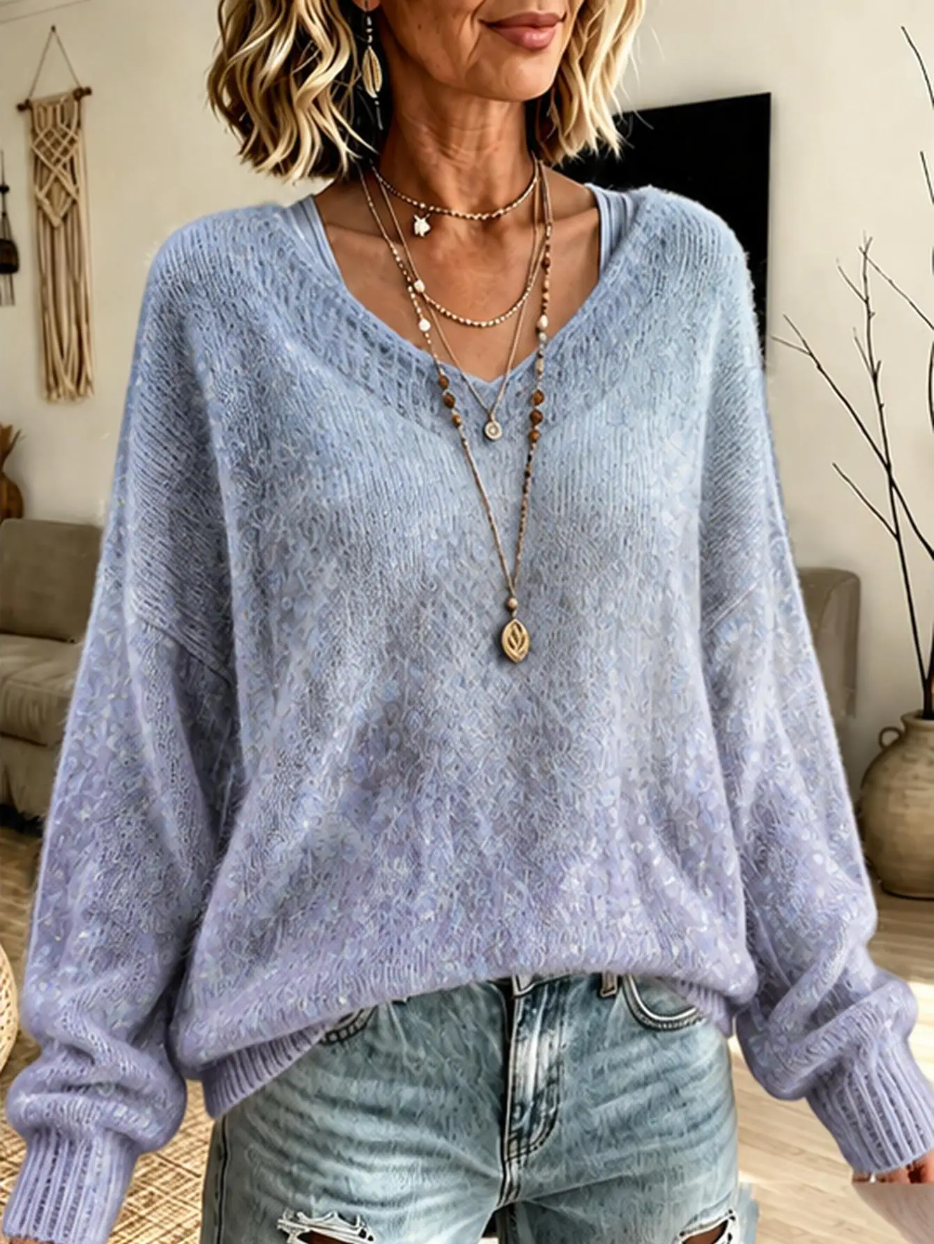 Plus Size Women Subtle Floral V‑Neck Knit Sweater, Loose Long‑Sleeve Lightweight Cozy Casual Pullover for Fall Winter