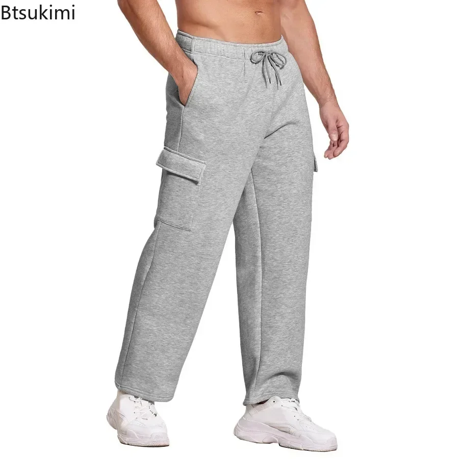 2025 Men's Fleece Thick Casual Trousers Autumn Winter Warm Drawstring Sweatpants Multi Pockets Loose Straight Joggers Pants Male