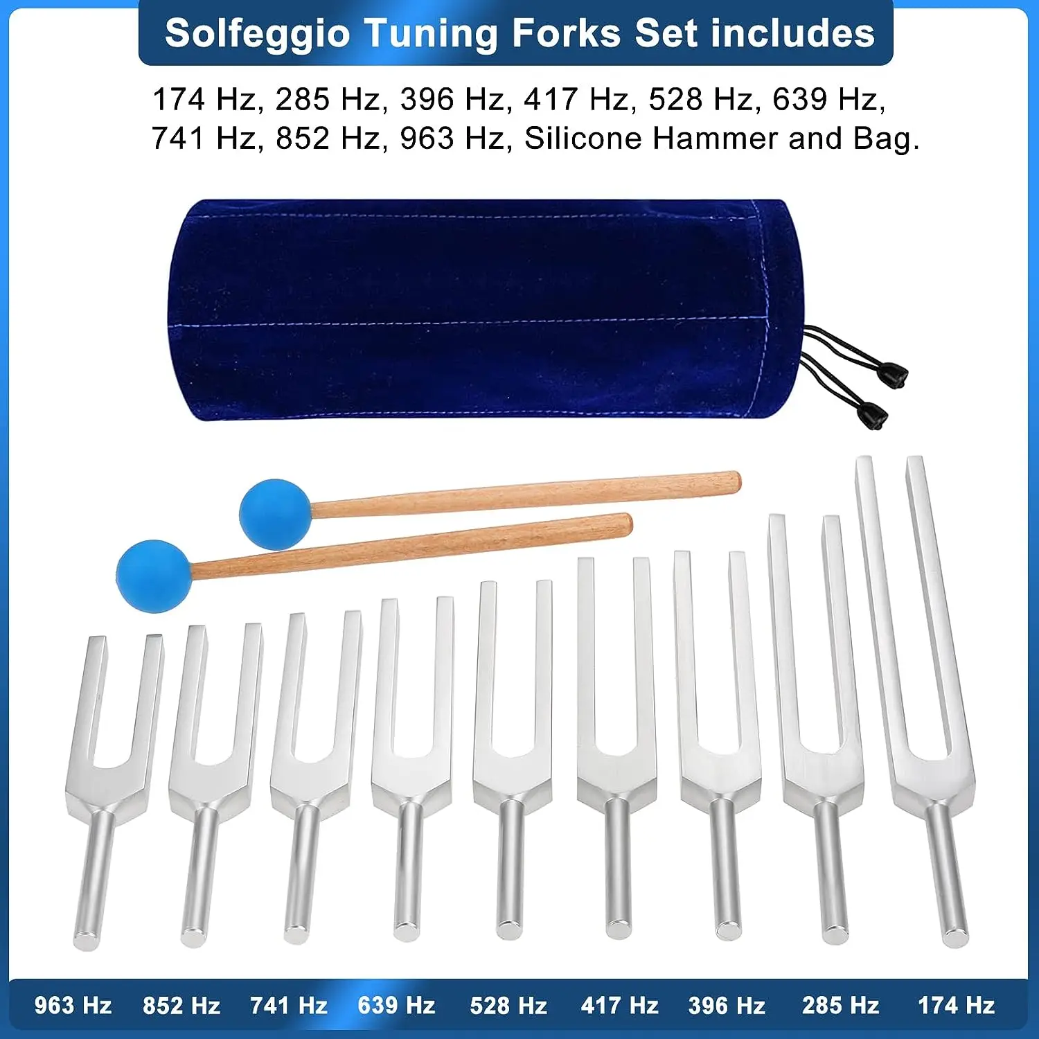 

9pcs/kit Tuning Forks + Silicone Hammer+ Bag Sound DNA Healing Vibration Relax Mind Body Sound Therapy Music Instrument Meditate