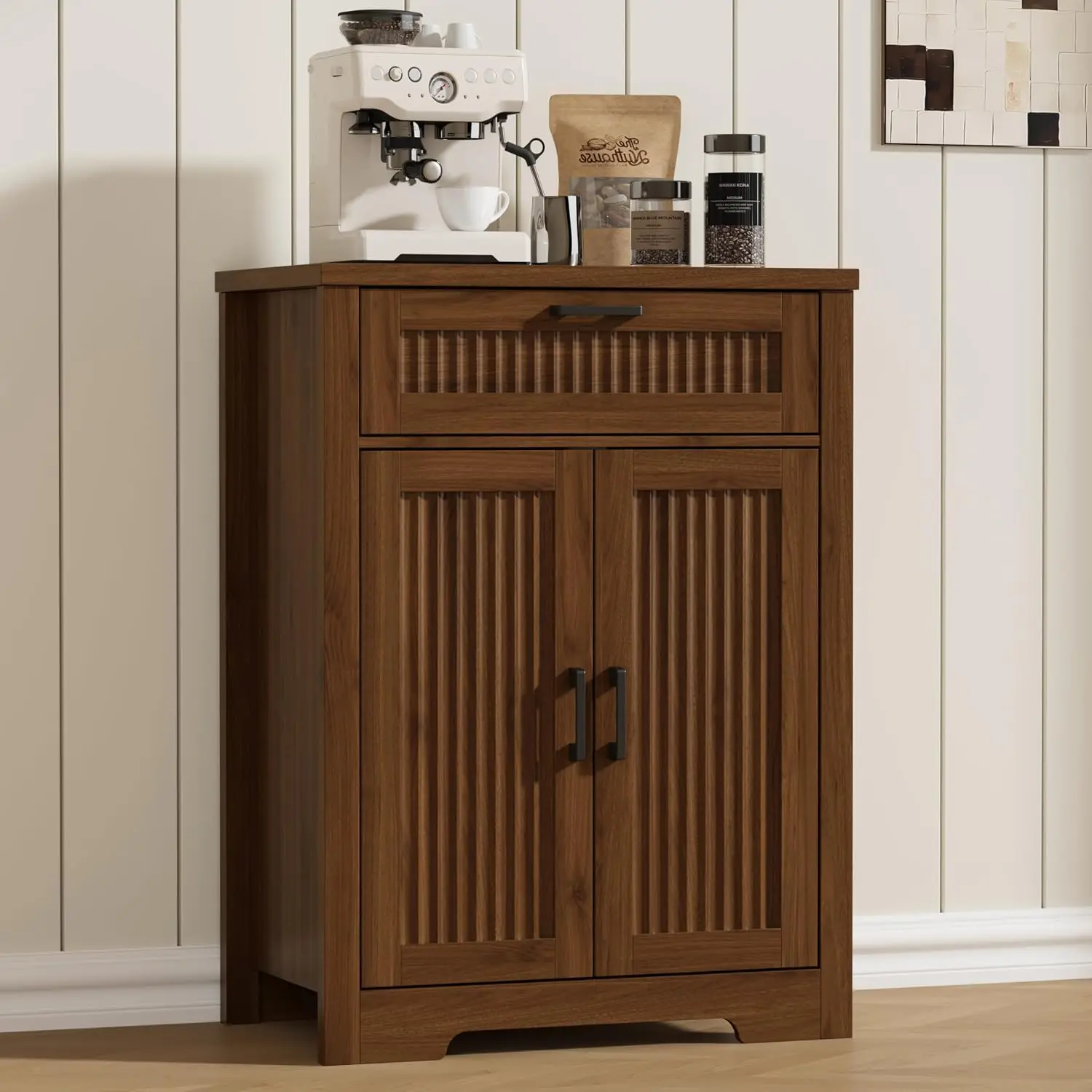 Small Fluted Buffet Cabinet with Drawer & Adjustable Shelf, Coffee Bar Sideboard for Kitchen Dining Living Room, Walnut, Customi