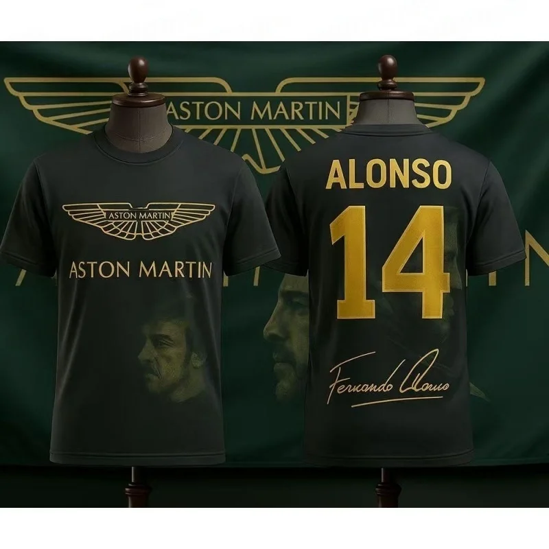 

Футболка с коротким рукавом Aston Martin Team Alonso 14 Signature, коллекционная, для фанатов автоспорта, повседневная, с круглым вырезом